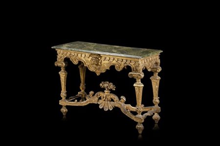 Tavolo da parete in legno dorato e intagliato a volute e motivi vegetali, fasci