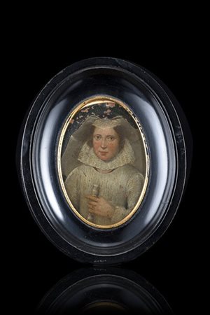 Maestro lombardo del secolo XVI "Ritratto di dama in abito bianco" miniatura ov