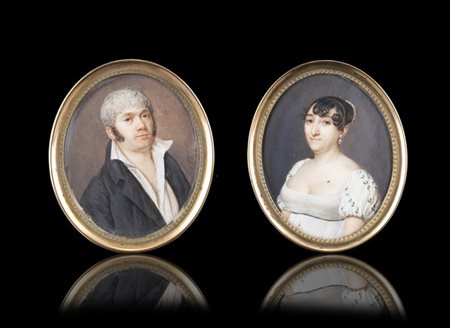 Maestro del secolo XIX "Gentiluomo e gentildonna" coppia di miniature ovali su