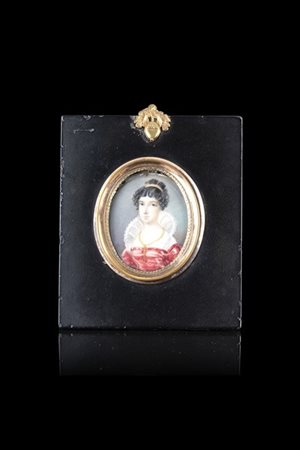 Henry Collen (attr.) "Ritratto di dama con abito rosso" miniatura ovale su avori