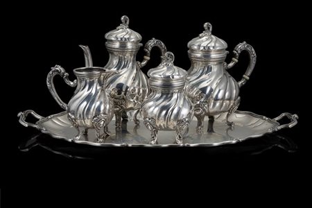 Servizio da tè e caffè in argento, composto da: caffettiera, teiera, zuccherier