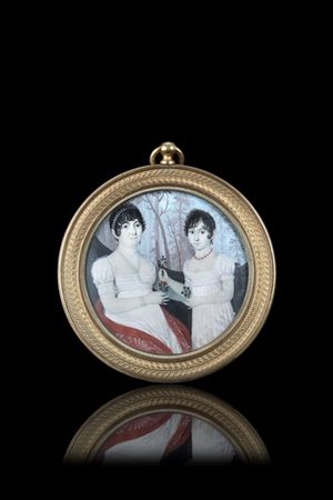 Maestro della fine del secolo XVIII "Madre e figlia in un paesaggio" miniatura