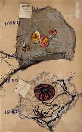 Grande album di documenti tessili contenente campioni di tulle e garze ricamate