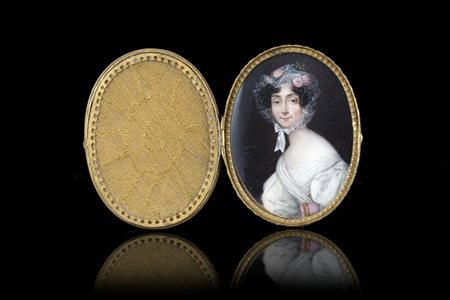 Inès D'Esmenard "Ritratto di dama con rose tra i capelli 1820" miniatura ovale s