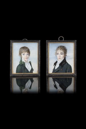 Maestro del secolo XIX "Ritratti di fanciulli" coppia di miniature su avorio (c