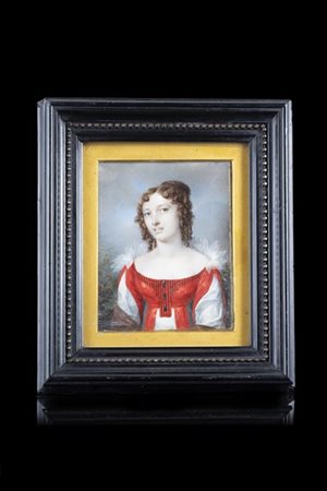 Maestro del secolo XIX "Ritratto di ragazza in abito rosso" miniatura su avorio