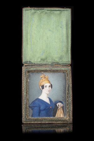 Gerlando Marsigli "Ritratto di donna con copricapo giallo 1816" miniatura rettan
