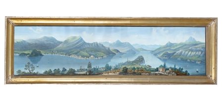 Incisione acquerellata del secolo XIX raffigurante scorcio del Lago di Como a v