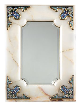 Specchio da tavolo con cornice in onice decorato agli angoli da placche smaltat