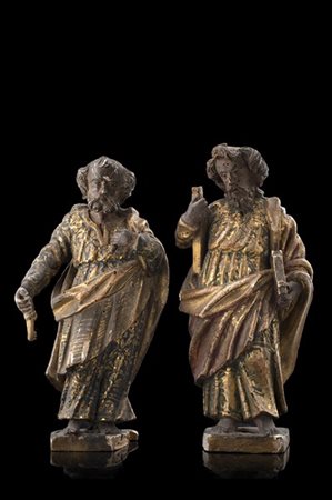 Arte del secolo XVIII. Coppia di sculture in legno raffiguranti San Pietro e Sa