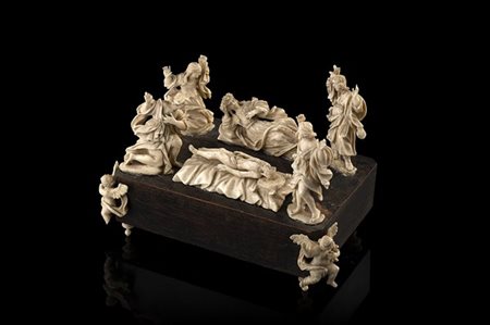 Arte tedesca del secolo XIX "Compianto su Cristo morto" gruppo in avorio e legn
