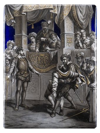 Manifattura di Limoges, secolo XIX "Duello" placca in rame smaltato decorato a