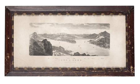 Acquaforte del secolo XIX raffigurante una veduta a volo d'uccello del Lago di