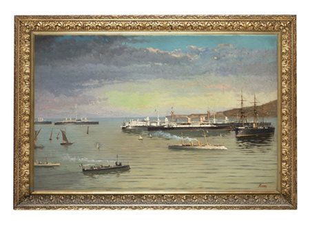 Augusto Ferri "Navi al porto" 
olio su tela (cm 80x124)
Firmato in basso a destr