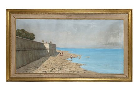 Mario Menichetti "Bagno alle mura" 
olio su tela (cm 76x150)
Firmato in basso a