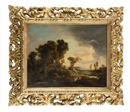Scuola del secolo XIX

Paesaggio fluviale con figure
Olio su tela, cm 31,5x40,5