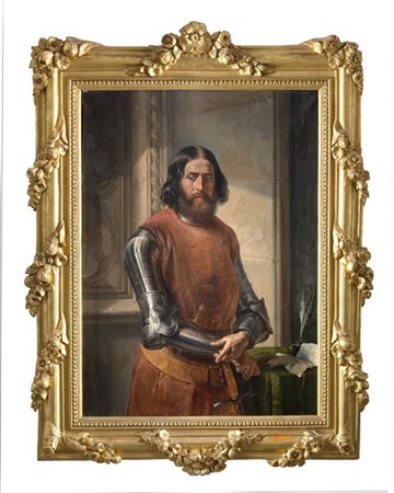 Maestro lombardo del XIX Secolo "Ritratto di gentiluomo in armatura" olio su te