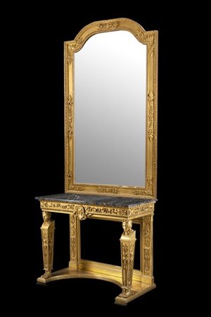 Tavolo da parete con specchiera in legno scolpito e dorato decorato a volute e