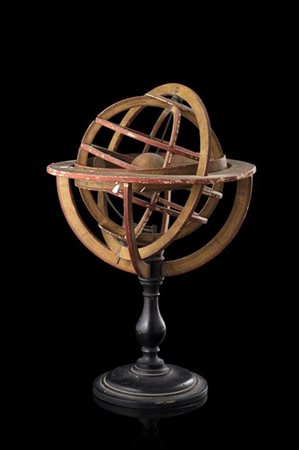 DELAMARCHE
Sfera armillare in legno e carta su piedistallo tornito ed ebanizzat