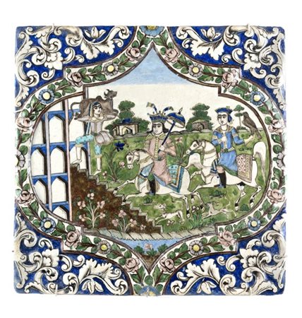 Gruppo di sette piastrelle in terracotta decorata in policromia a rilievo a sce