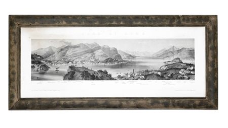 Incisione raffigurante scorcio del Lago di Como a volo d'uccello su disegno di