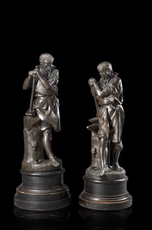 Carlo Nicoli "Le travail" coppia di sculture in bronzo firmate e titolate in bas