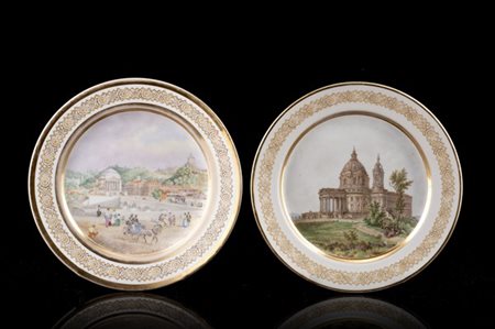 Manifattura di Vinovo (?), secolo XIX. Coppia di piatti in porcellana dipinti n