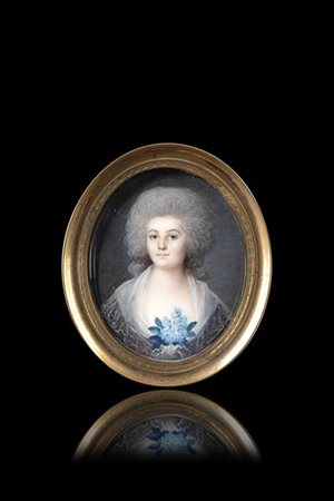 Maestro del secolo XVIII "Ritratto di gentildonna con fiori blu" miniatura oval