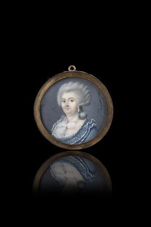 Antoine Trignart "Ritratto di dama con orecchini di perle 1786" miniatura tonda