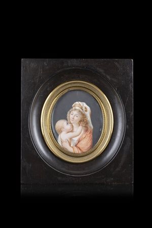 Maestro del secolo XIX "Madre con figlio" miniatura ovale su avorio (cm 7x6) In