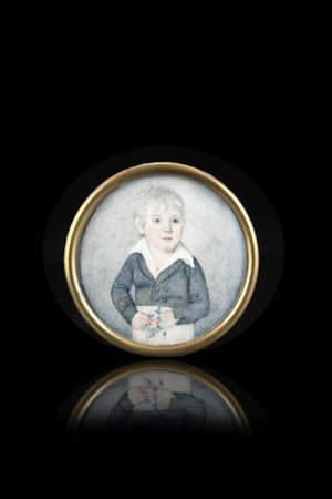 Scuola del secolo XIX "Ritratto di bambino con fiori in mano" miniatura tonda s