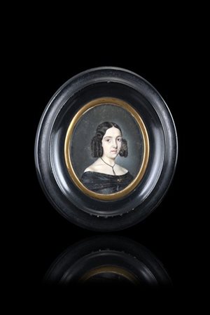 Pietro Gherardi "Ritratto di dama in abito nero 1843" miniatura ovale (cm 7x5,5)