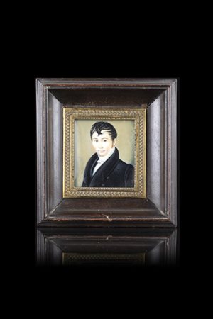 Ignoto del secolo XIX "Ritratto di gentiluomo in giacca blu" miniatura rettango