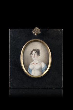 J.R. Galland "Ritratto di dama con collana di corallo 1815" miniatura ovale su a