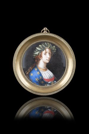 Scuola del secolo XIX "La Poesia da Carlo Dolci" acquerello su pergamena rotond