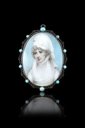 Scuola del secolo XIX "Ritratto di dama con velo bianco" miniatura ovale (cm 8x