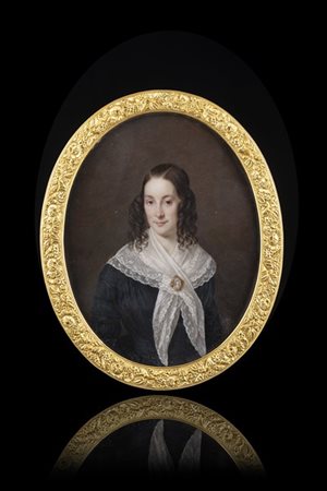 Maestro del secolo XIX "Ritratto di gentildonna" miniatura ovale su avorio (cm