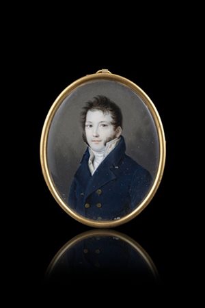 Maestro del secolo XIX "Ritratto di uomo in giacca blu" miniatura ovale (cm 7,5