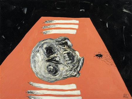 Bruno Bordoli "Natura morta con cranio, insetto e sei candele" 2010, olio su tel