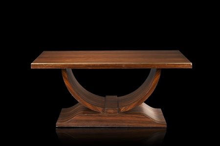 Tavolo Art Déco impiallacciato in legno e bordato in ottone. Italia, 1930ca. (c