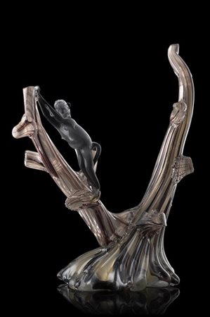 Manifattura di Murano "Scimmia su albero" scultura in vetro sommerso costolato t