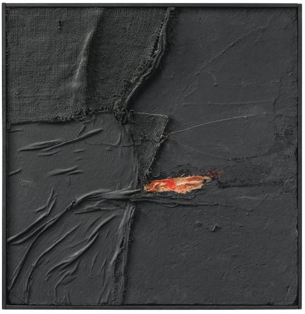 ALBERTO BURRI 1915 - 1995 SPIDER oil, burlap, glue and collage on board. This...