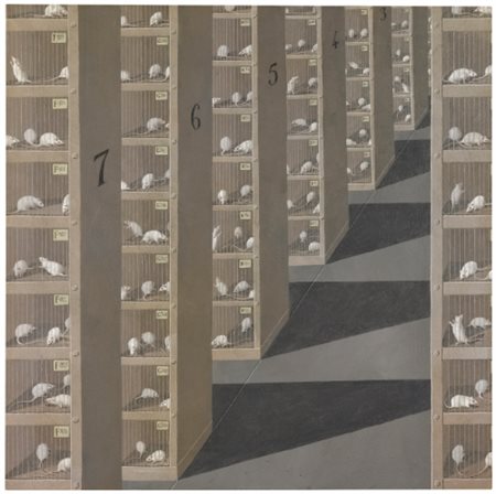 DOMENICO GNOLI 1933 - 1970 SOURIS BLANCHES DANS LEURS CAGES acrylic and sand...