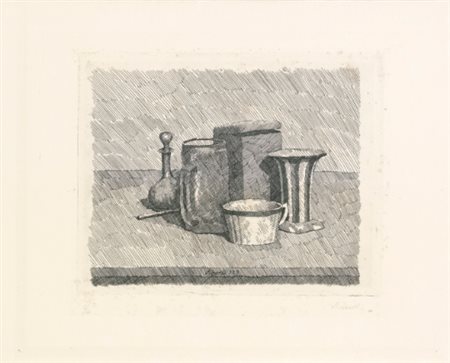 GIORGIO MORANDI 1890 - 1964 NATURA MORTA CON TAZZINA E CARAFFA signed,...