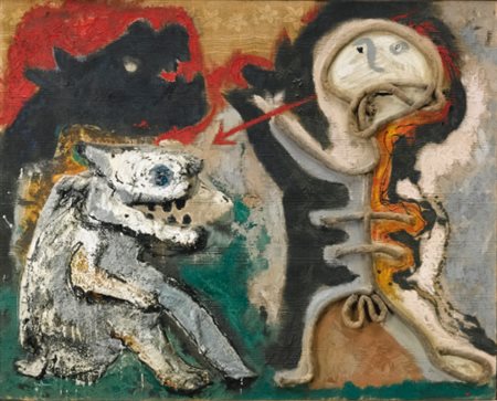ENRICO BAJ 1924-2003 UOMO CONTRO DUE ANIMALI signed, titled and dated 55 on...