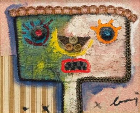ENRICO BAJ 1924-2003 PERSONAGGIO signed, mixed tecnique on fabric. Executed...