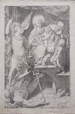 Annibale Carracci (Bologna, 1560 – Roma, 1609) da Lorenzo Sabbatini e Denys Calvaert<br>SACRA FAMIGLIA CON I SANTI GIOVANNI BATTISTA E MICHELE ARCANGELO