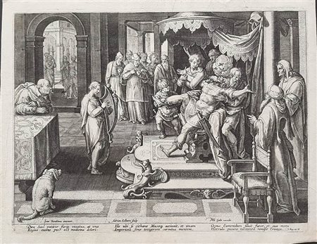 Adriaen Collaert (Anversa, 1560-1618) da Jan Van Der Straet, detto Stradanus<br>DAVIDE SUONA L’ARPA DI FRONTE A SAUL 
