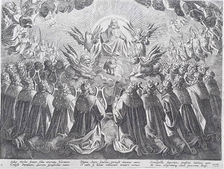Adriaen Collaert (Anversa, 1560-1618) da Jan Van Der Straet, detto Stradanus<br>APOCALISSE DI GIOVANNI, I BEATI CANTANO LE LODI DI DIO