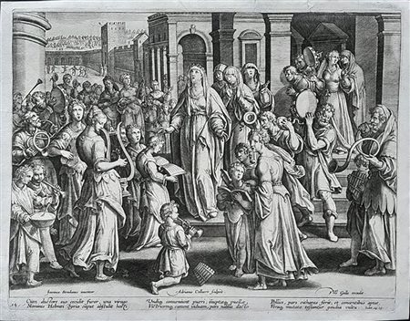 Adriaen Collaert (Anversa, 1560-1618) da Jan Van Der Straet, detto Stradanus<br>LE DONNE DI ISRAELE FESTEGGIANO GIUDITTA 